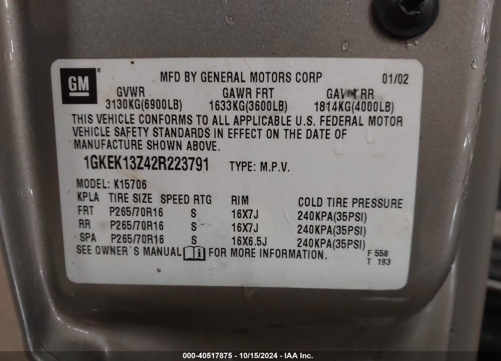 2002 GMC YUKON SLT VIN: 1GKEK13Z42R223791