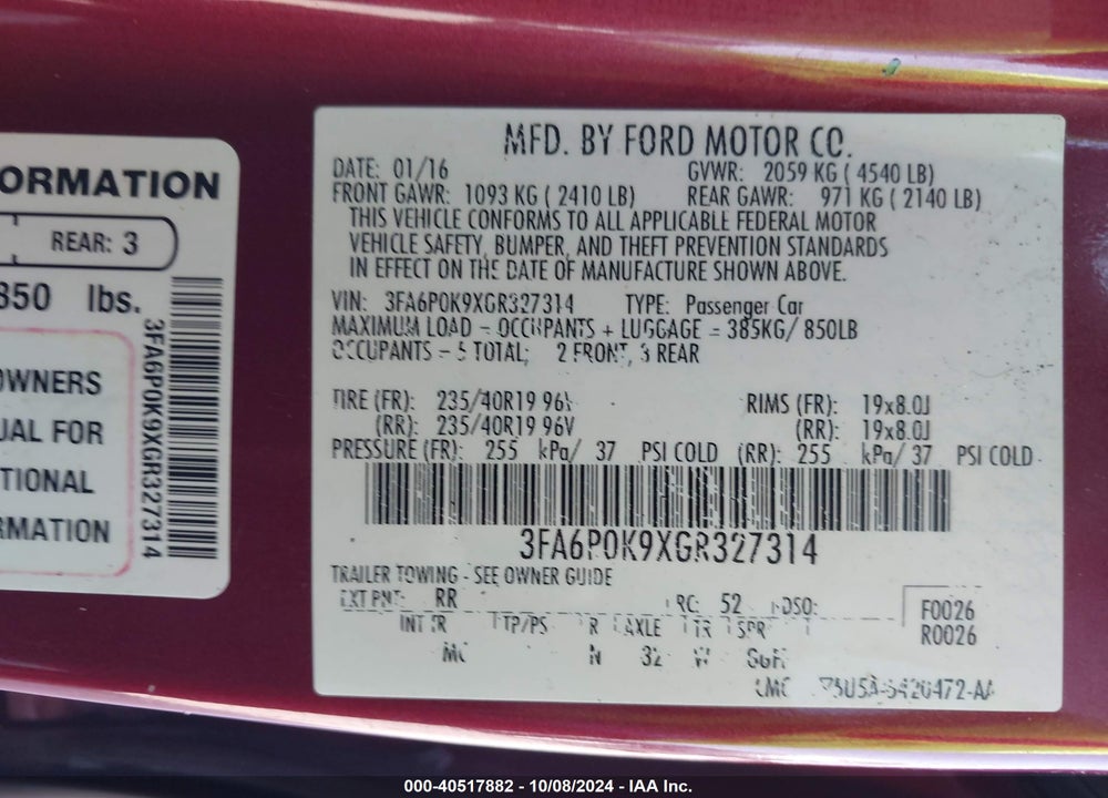 2016 FORD FUSION TITANIUM VIN: 3FA6P0K9XGR327314