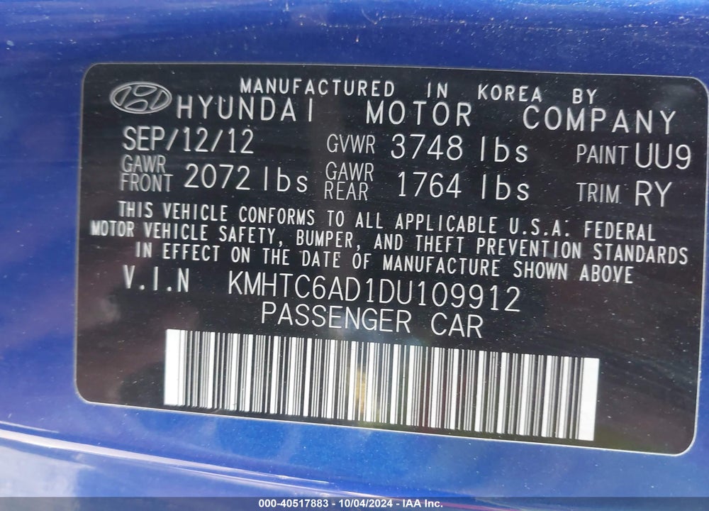 2013 HYUNDAI VELOSTER BASE W/BLACK VIN: KMHTC6AD1DU109912