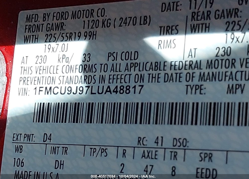 2020 FORD ESCAPE TITANIUM VIN: 1FMCU9J97LUA48817
