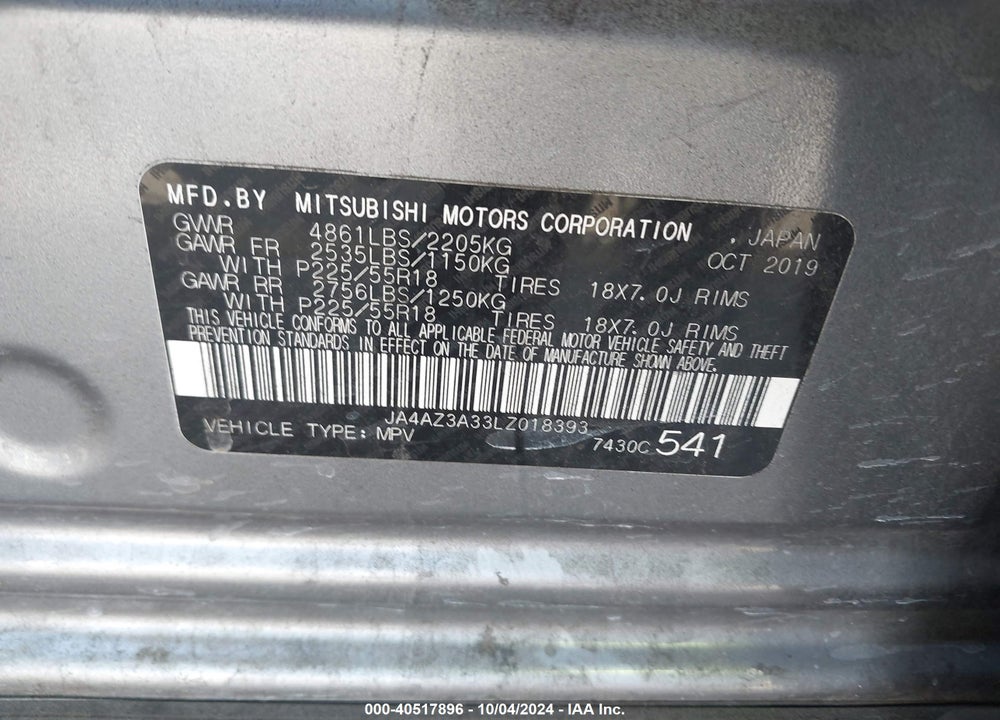 2020 MITSUBISHI OUTLANDER ES 2.4 VIN: JA4AZ3A33LZ018393