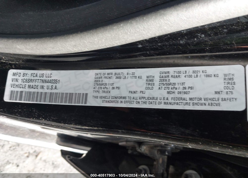 2022 RAM 1500 BIG HORN 4X4 5'7 BOX VIN: 1C6SRFFT7NN440351