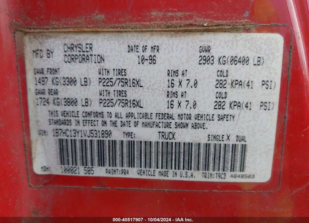 1997 DODGE RAM 1500 ST VIN: 1B7HC13Y1VJ531890