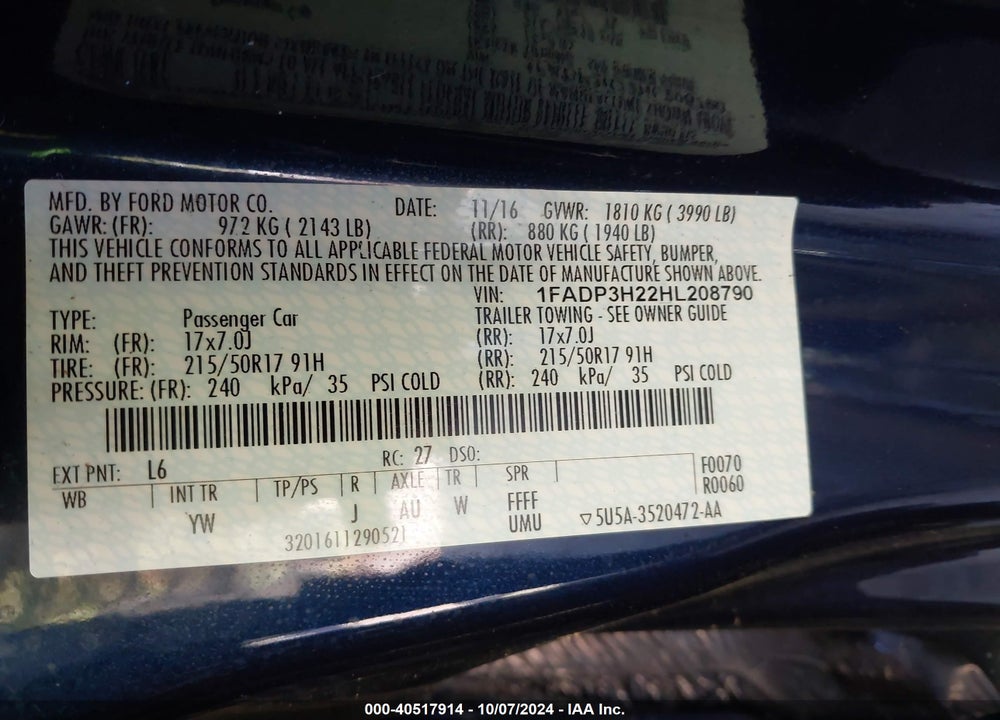2017 FORD FOCUS SEL VIN: 1FADP3H22HL208790
