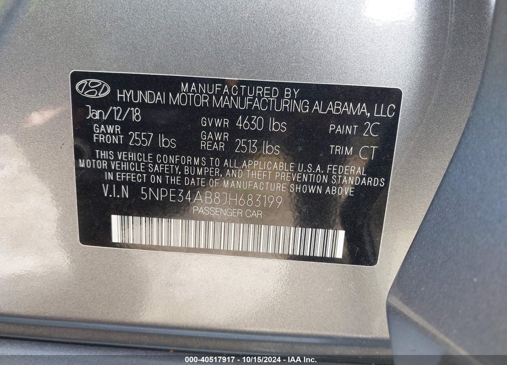 2018 HYUNDAI SONATA LIMITED 2.0T VIN: 5NPE34AB8JH683199