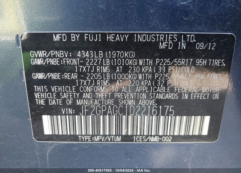 2013 SUBARU XV CROSSTREK VIN: JF2GPAGC1D2216175