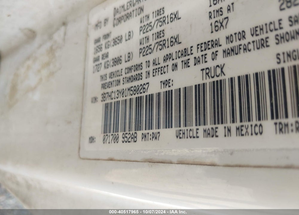 2001 DODGE RAM 1500 ST VIN: 3B7HC13Y01M580267