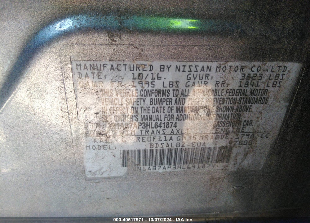 2017 NISSAN SENTRA S VIN: 3N1AB7AP3HL641874