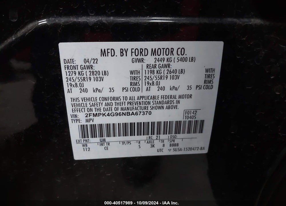 2022 FORD EDGE SE VIN: 2FMPK4G96NBA67370