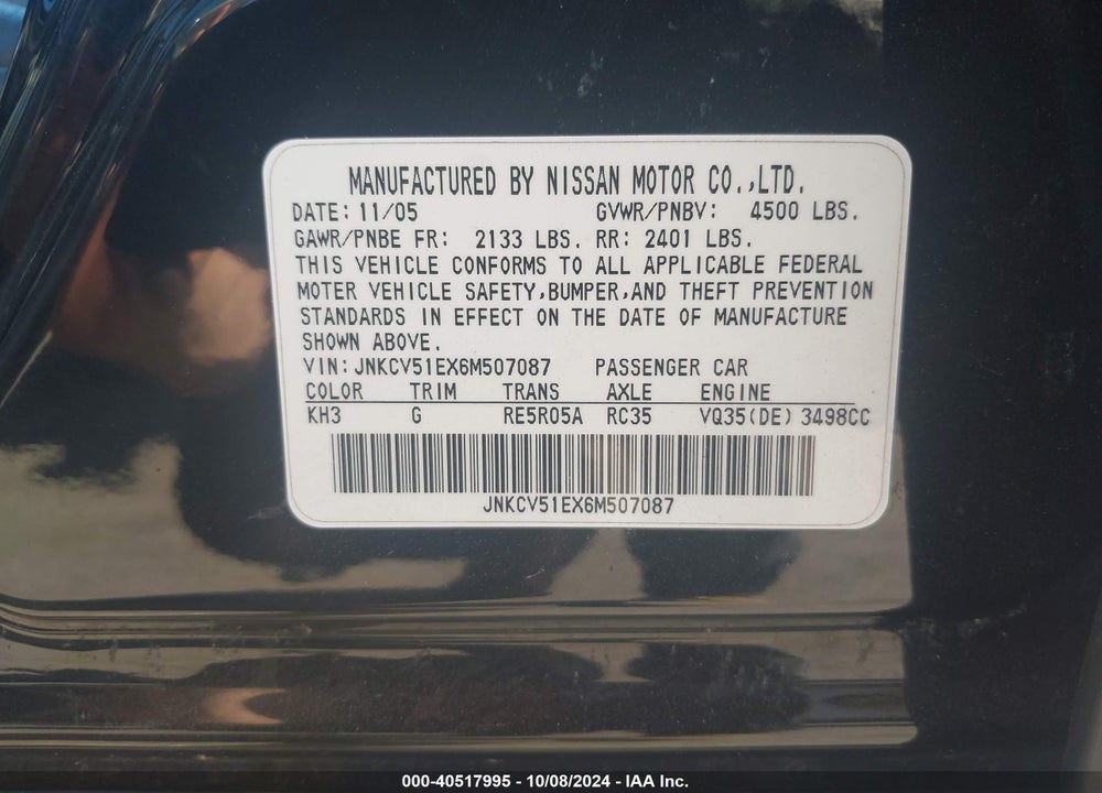 2006 INFINITI G35 VIN: JNKCV51EX6M507087