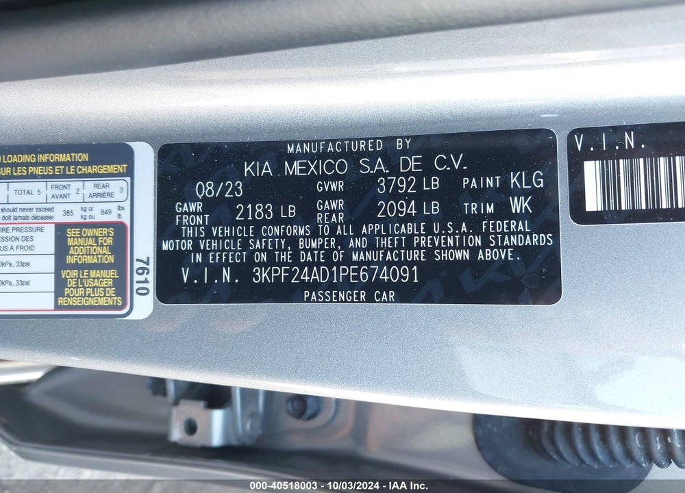 2023 KIA FORTE LXS VIN: 3KPF24AD1PE674091