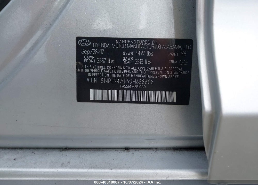 2018 HYUNDAI SONATA SE VIN: 5NPE24AF9JH658608