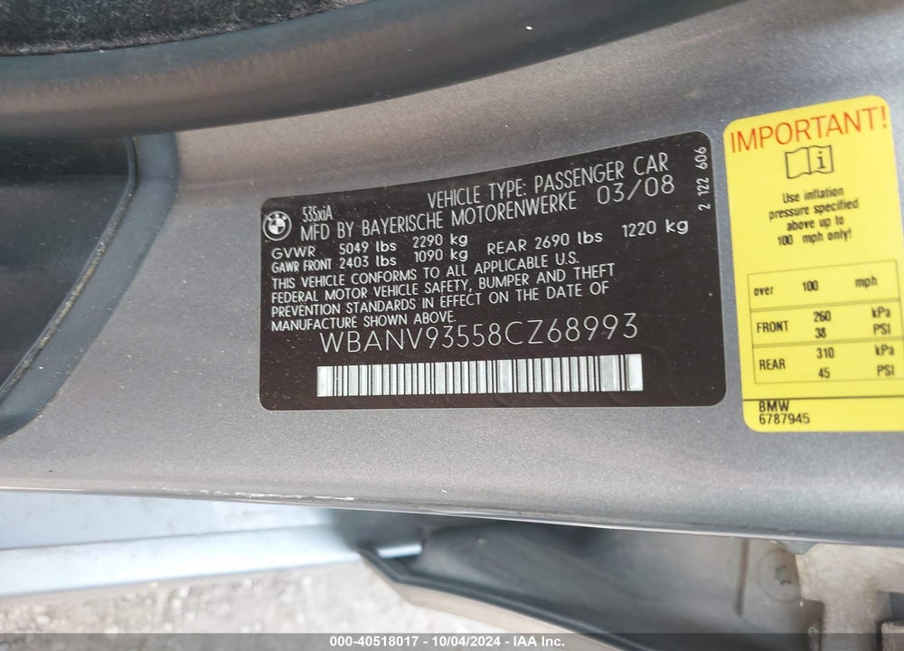 2008 BMW 535XI VIN: WBANV93558CZ68993
