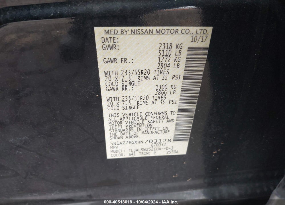 2017 NISSAN MURANO PLATINUM VIN: 5N1AZ2MGXHN203128
