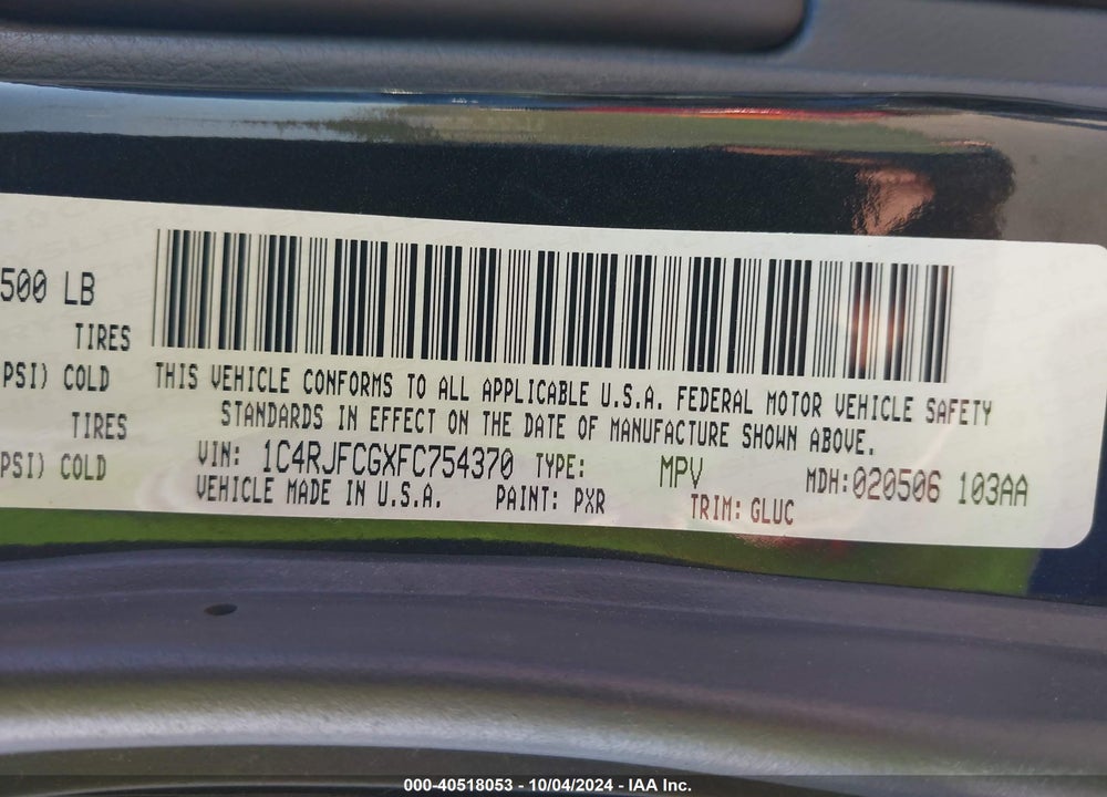 2015 JEEP GRAND CHEROKEE OVERLAND VIN: 1C4RJFCGXFC754370