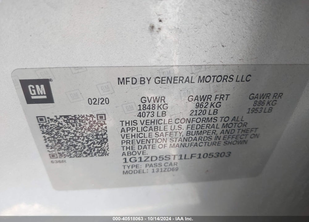 2020 CHEVROLET MALIBU FWD LT VIN: 1G1ZD5ST1LF105303