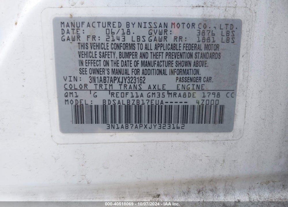 2018 NISSAN SENTRA S VIN: 3N1AB7APXJY323162