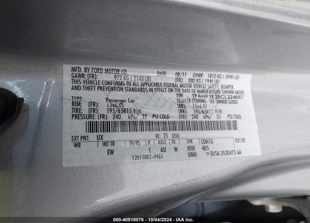 2012 FORD FOCUS S VIN: 1FAHP3E25CL224657