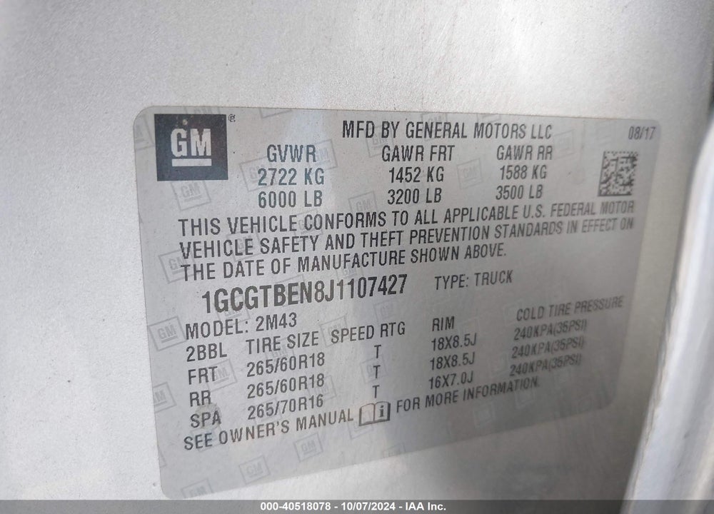 2018 CHEVROLET COLORADO WT VIN: 1GCGTBEN8J1107427