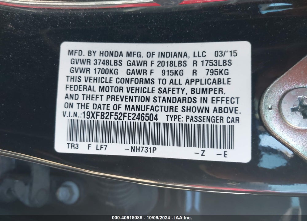 2015 HONDA CIVIC LX VIN: 19XFB2F52FE246504