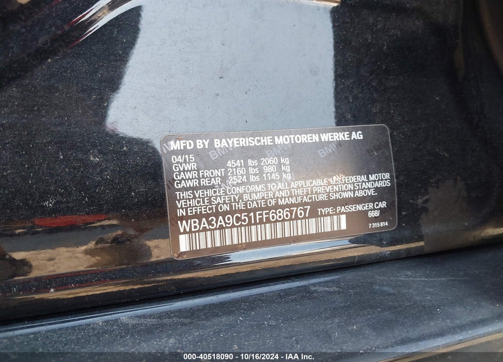 2015 BMW 3 SERIES 335I VIN: WBA3A9C51FF686767