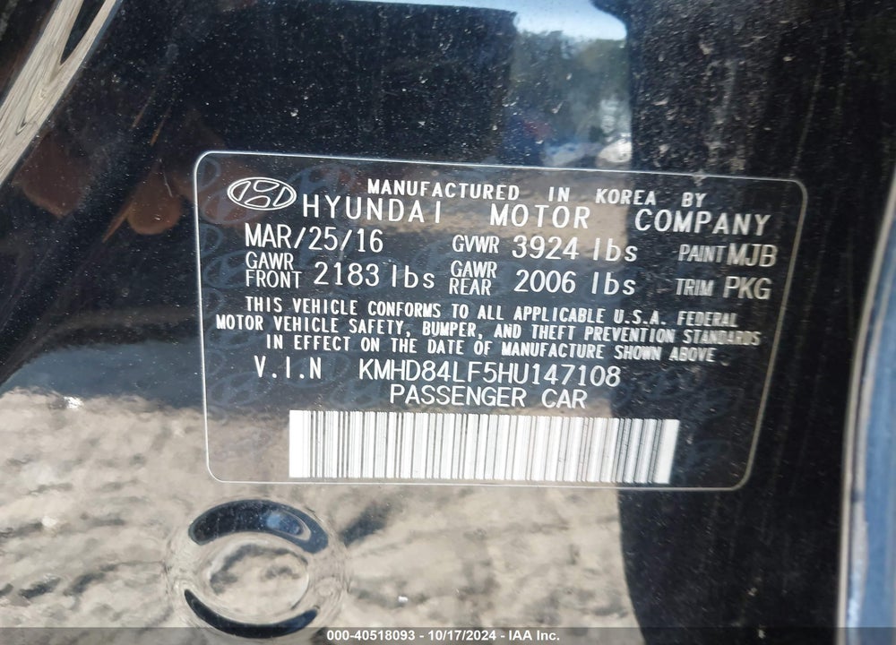 2017 HYUNDAI ELANTRA LIMITED VIN: KMHD84LF5HU147108