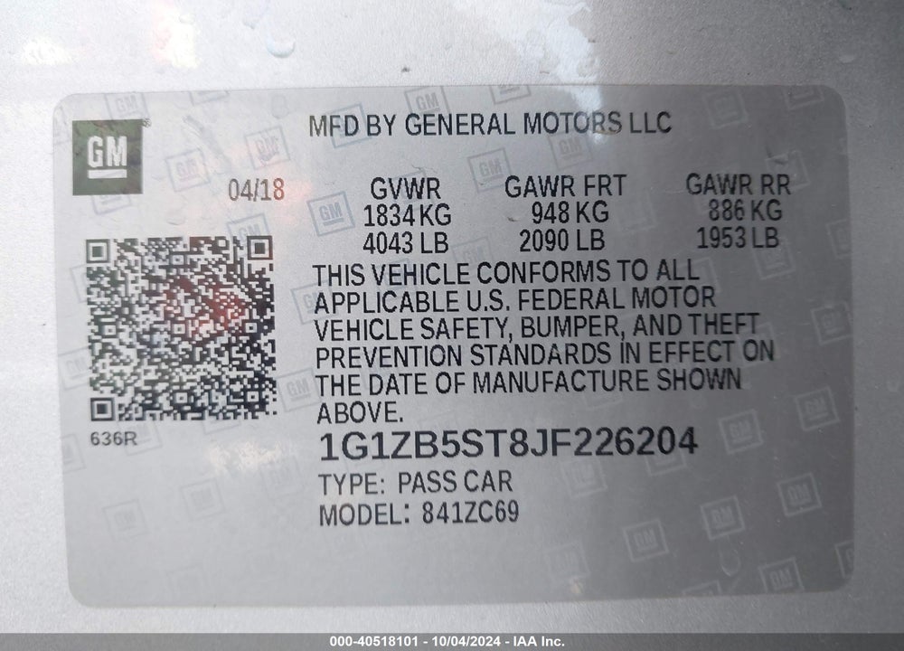 2018 CHEVROLET MALIBU 1LS VIN: 1G1ZB5ST8JF226204