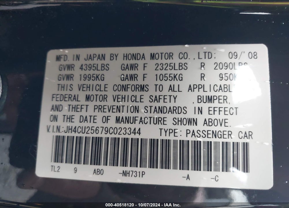 2009 ACURA TSX VIN: JH4CU25679C023344