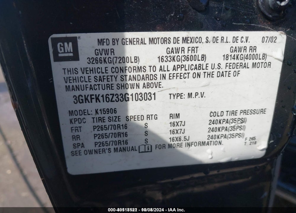 2003 GMC YUKON XL 1500 SLT VIN: 3GKFK16Z33G103031