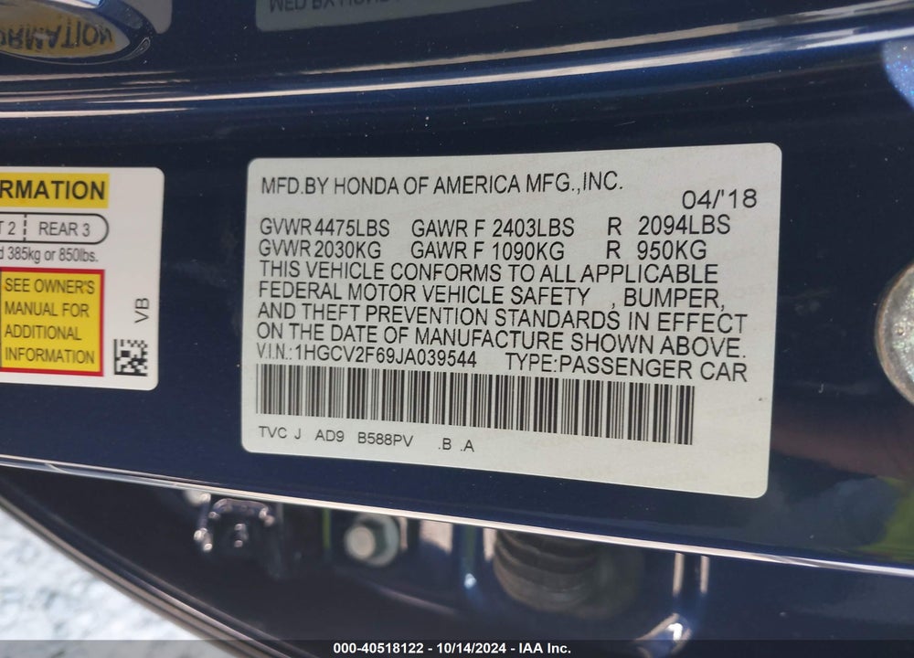 2018 HONDA ACCORD EX-L 2.0T VIN: 1HGCV2F69JA039544