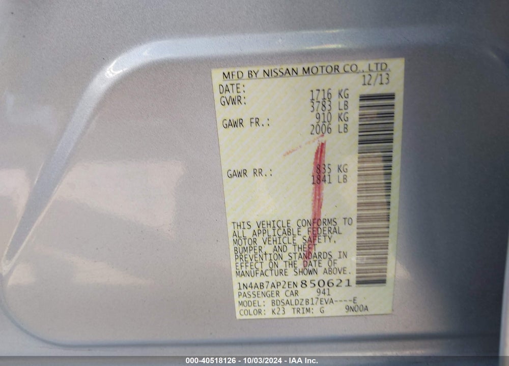 2014 NISSAN SENTRA FE+ S/FE+ SV/S/SL/SR/SV VIN: 1N4AB7AP2EN850621