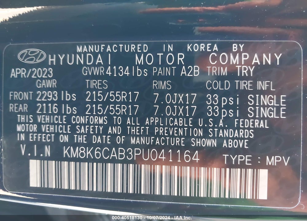 2023 HYUNDAI KONA SEL VIN: KM8K6CAB3PU041164