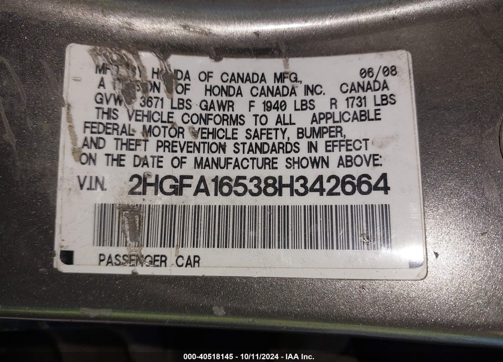 2008 HONDA CIVIC LX VIN: 2HGFA16538H342664