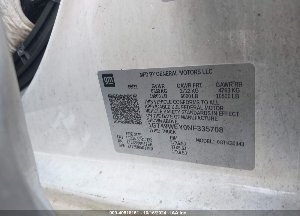 2022 GMC SIERRA 3500HD VIN: 1GT49WEY0NF335708