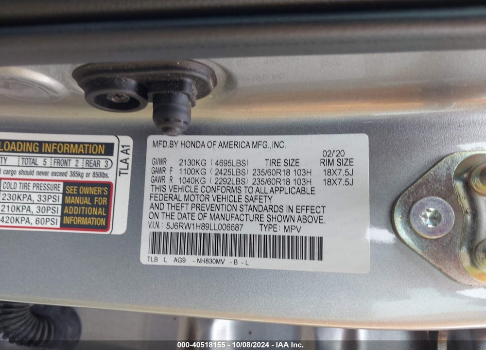 2020 HONDA CR-V 2WD EX-L VIN: 5J6RW1H89LL006687