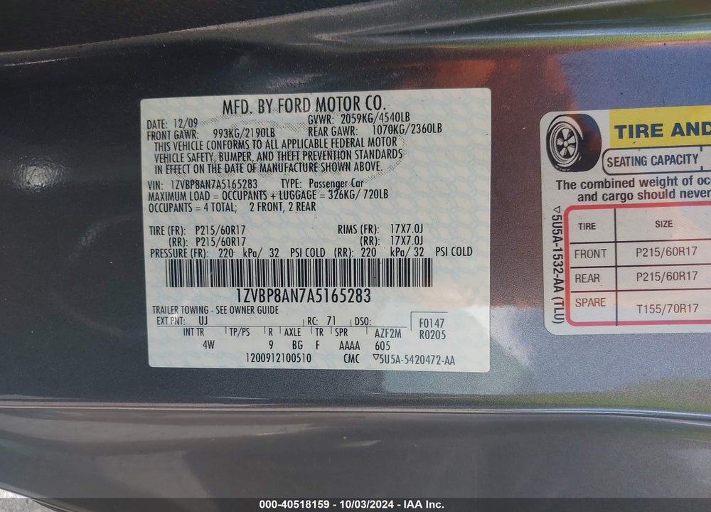 2010 FORD MUSTANG V6/V6 PREMIUM VIN: 1ZVBP8AN7A5165283
