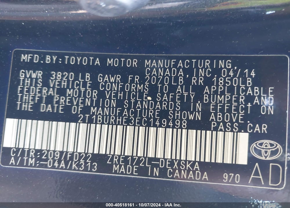 2014 TOYOTA COROLLA S PLUS VIN: 2T1BURHE3EC149498