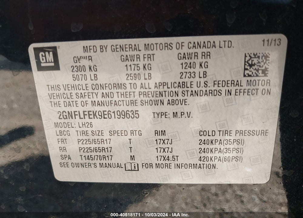 2014 CHEVROLET EQUINOX 1LT VIN: 2GNFLFEK9E6199635