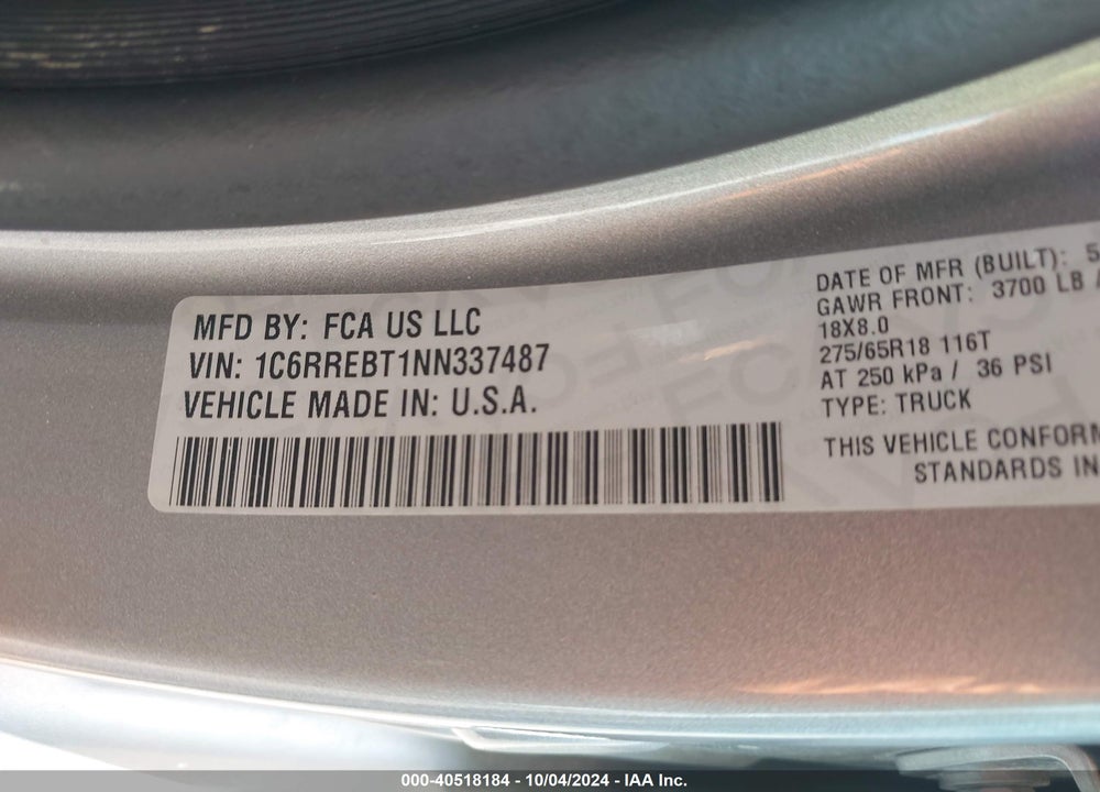 2022 RAM 1500 VIN: 1C6RREBT1NN337487