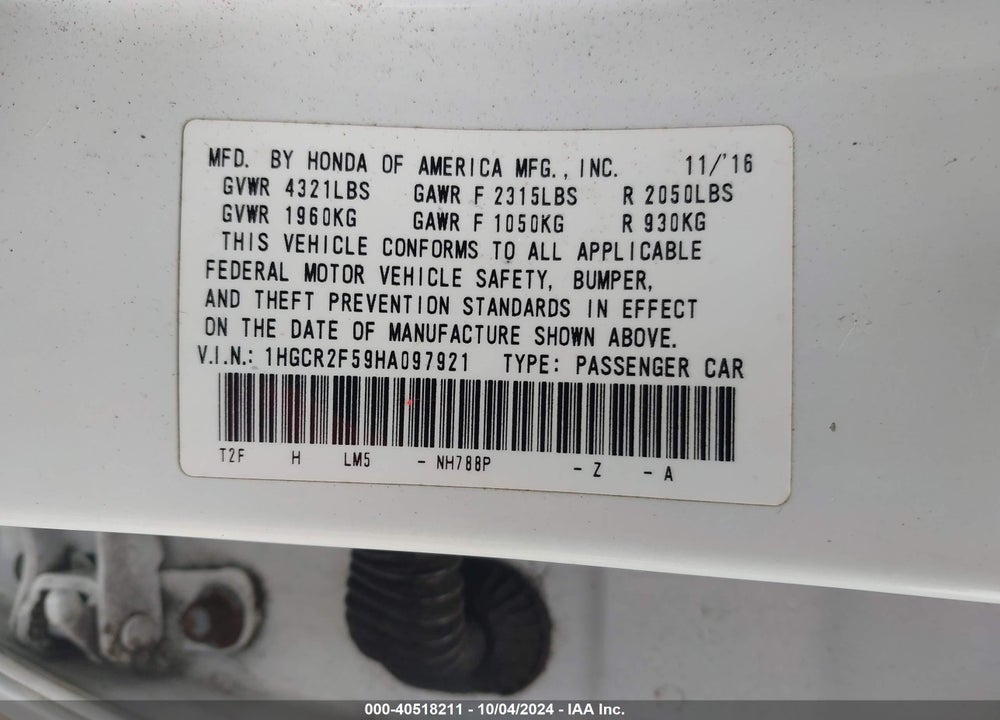 2017 HONDA ACCORD SPORT VIN: 1HGCR2F59HA097921