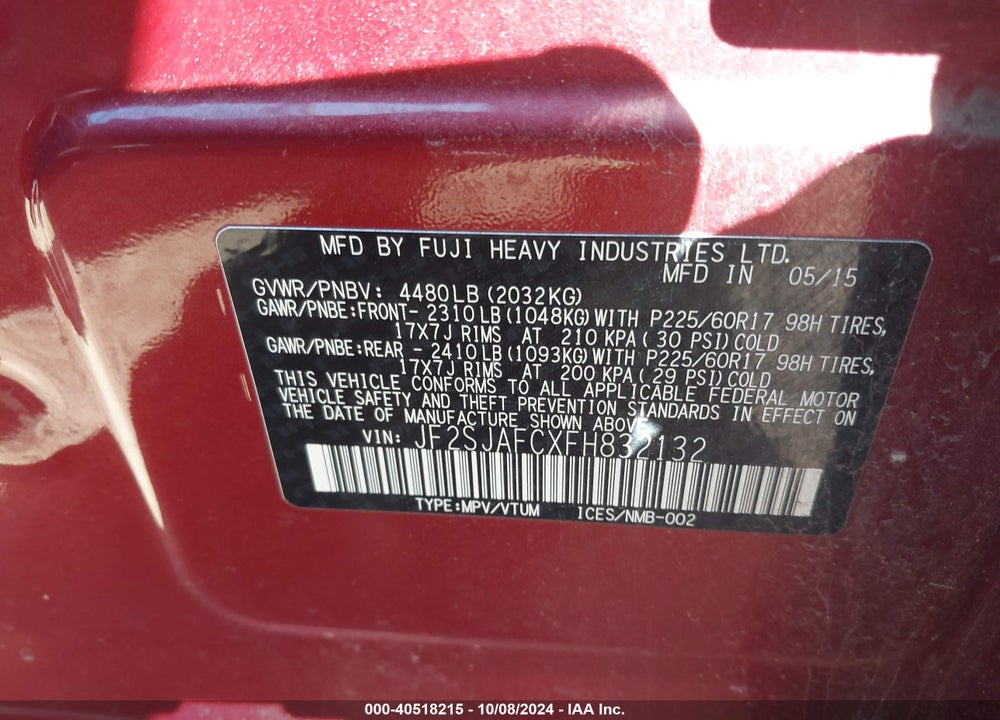 2015 SUBARU FORESTER 2.5I PREMIUM VIN: JF2SJAFCXFH832132