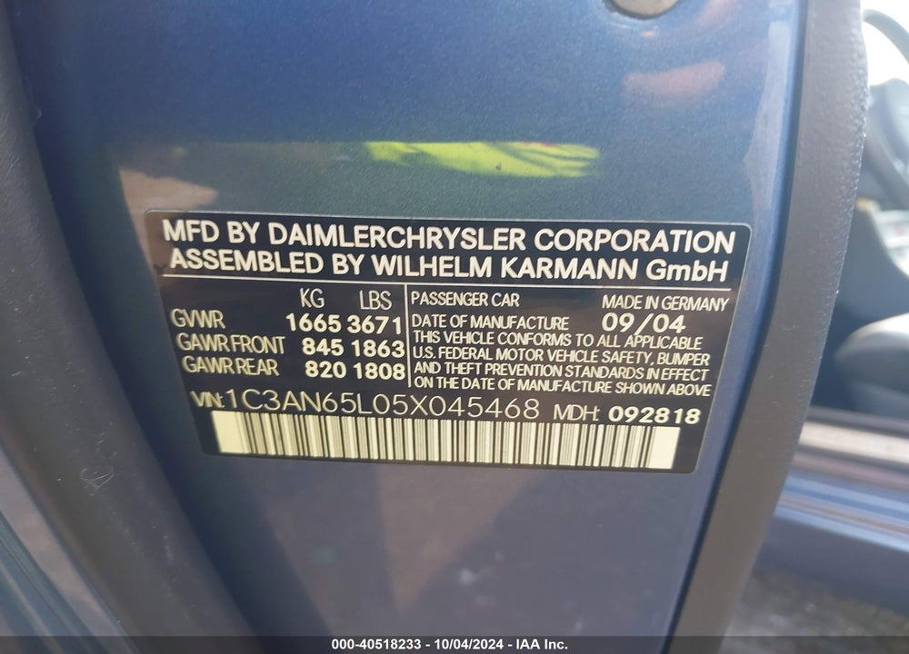 2005 CHRYSLER CROSSFIRE LIMITED VIN: 1C3AN65L05X045468