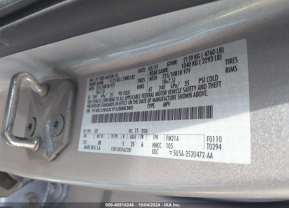 2015 FORD ESCAPE SE VIN: 1FMCU9GX1FUB86380