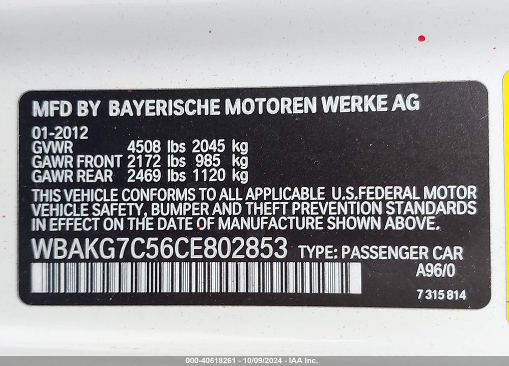 2012 BMW 335I VIN: WBAKG7C56CE802853