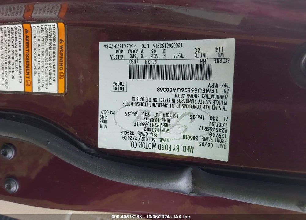 2006 FORD EXPLORER LIMITED VIN: 1FMEU65E26UA00368