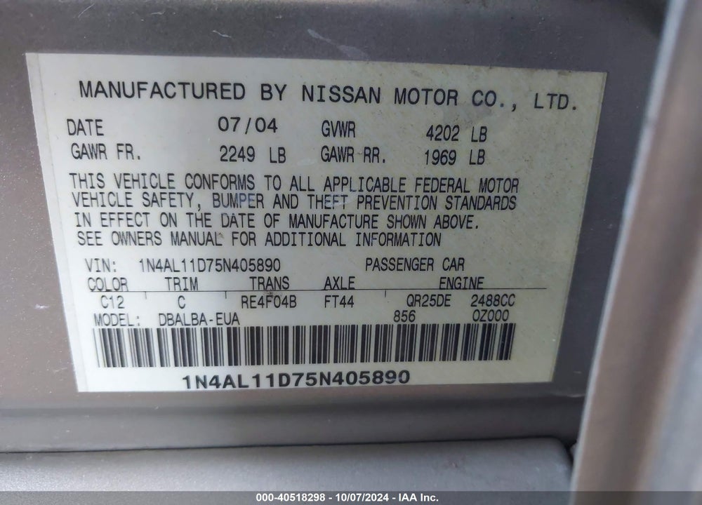2005 NISSAN ALTIMA 2.5 S VIN: 1N4AL11D75N405890