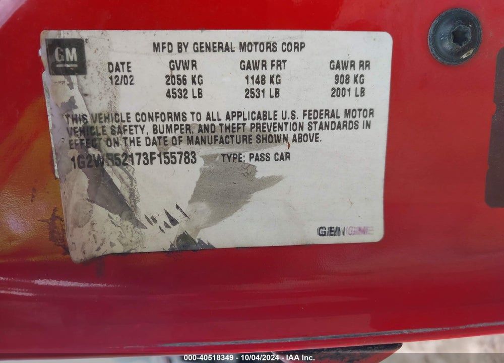 2003 PONTIAC GRAND PRIX GTP VIN: 1G2WR52173F155783