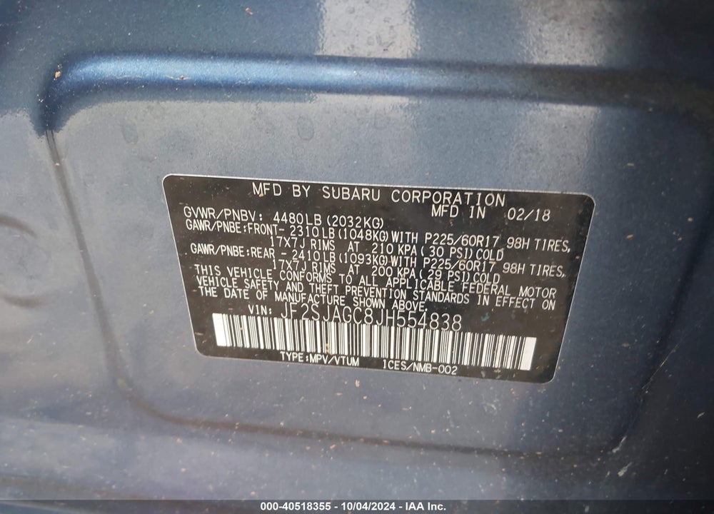 2018 SUBARU FORESTER 2.5I PREMIUM VIN: JF2SJAGC8JH554838