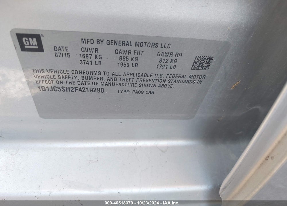 2015 CHEVROLET SONIC LT AUTO VIN: 1G1JC5SH2F4219290