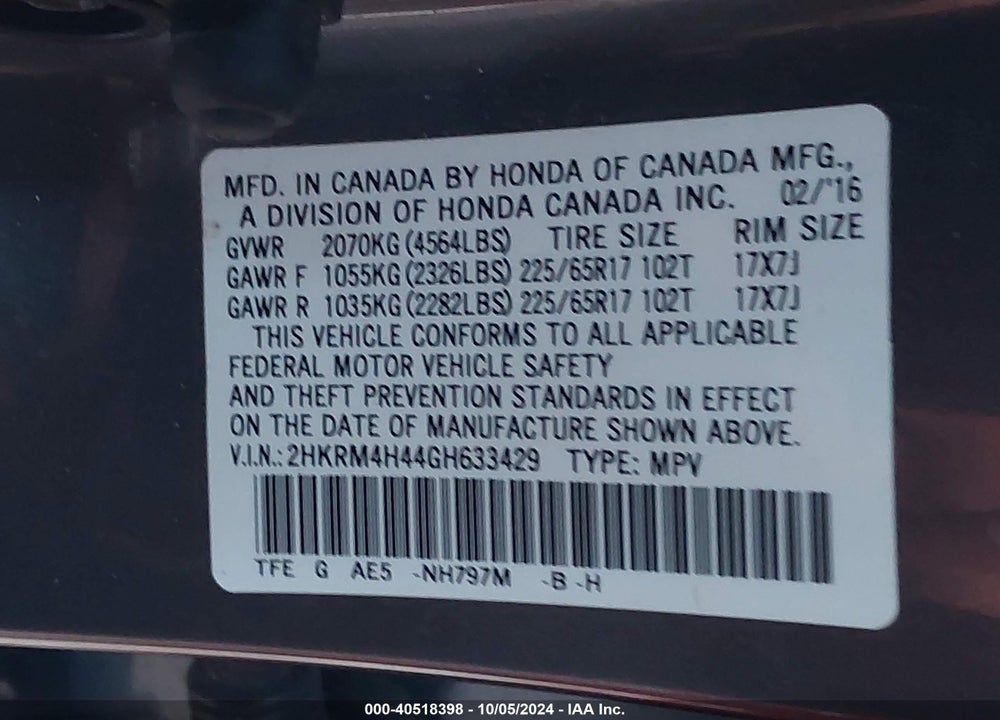 2016 HONDA CR-V SE VIN: 2HKRM4H44GH633429